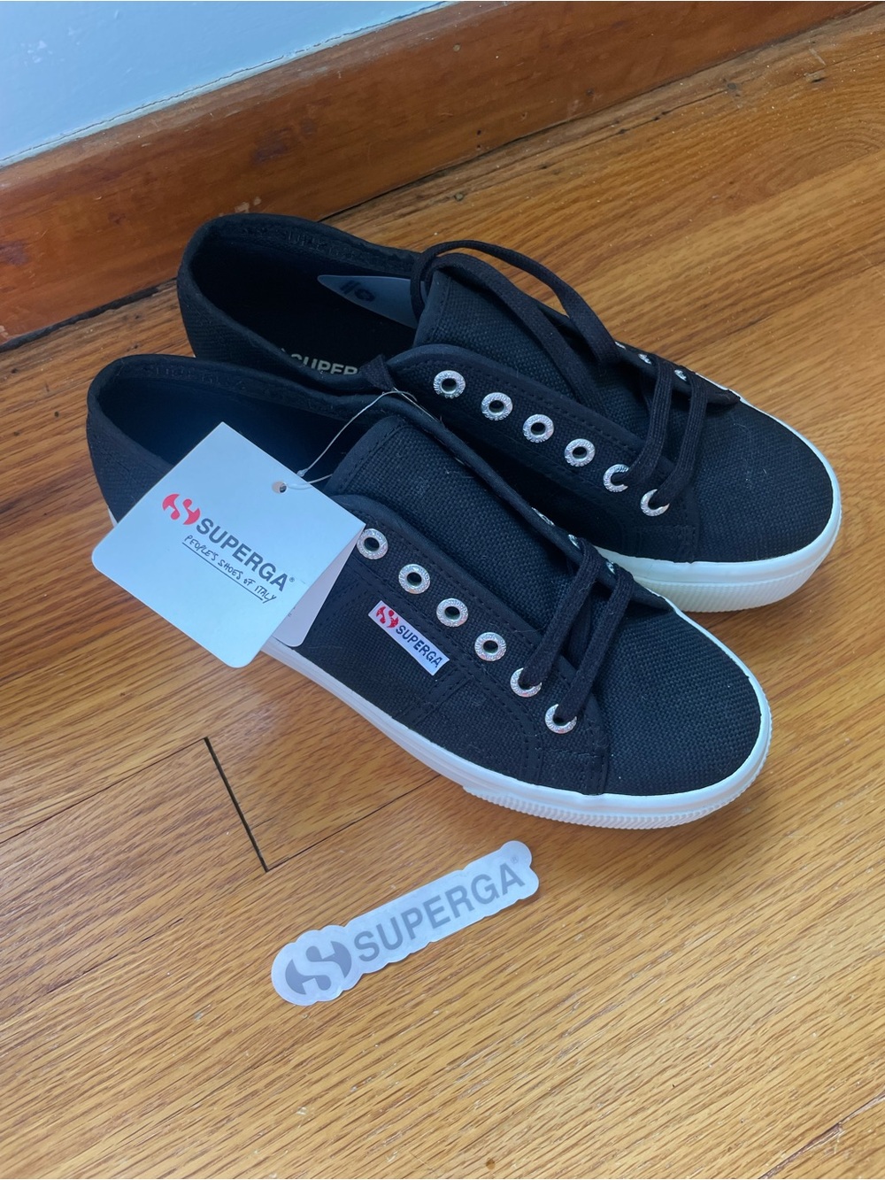 NWT Superga Black Canvas Low-Top Platform Sneakers with White Sole